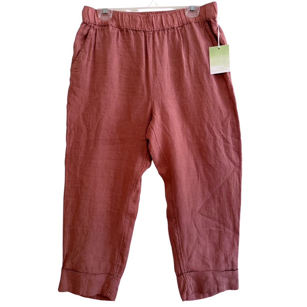 Salmon Pink Coastal Fisherman Linen Pants Womens Large Cropped Elastic Waist NWT